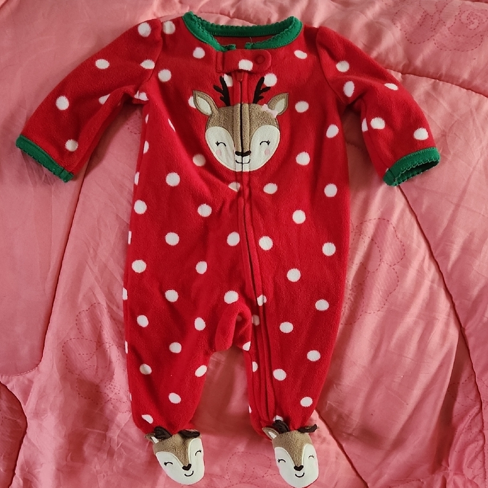 Red Polka Dot Kids One Piece with Reindeer Design